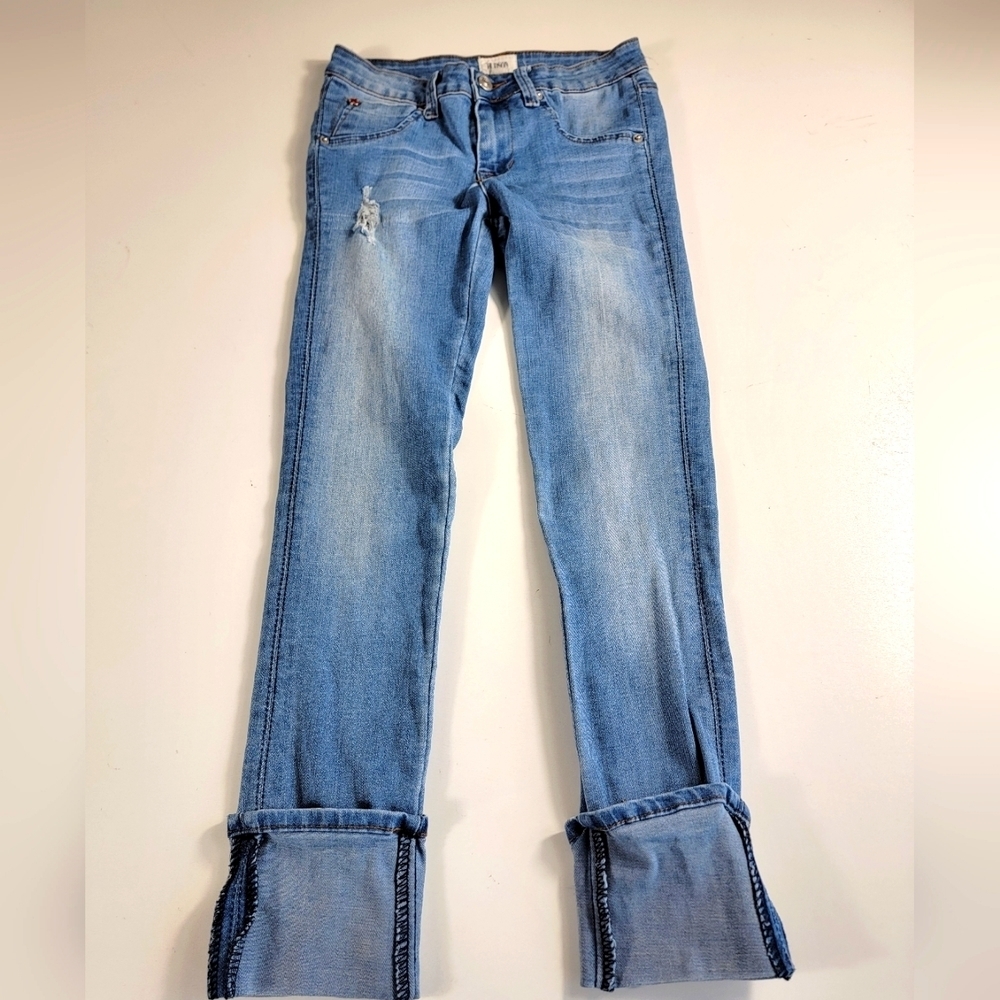 Hudson Girls Blue Distressed Jeans Size 14 stretch flap pockets cropped ankle ^^